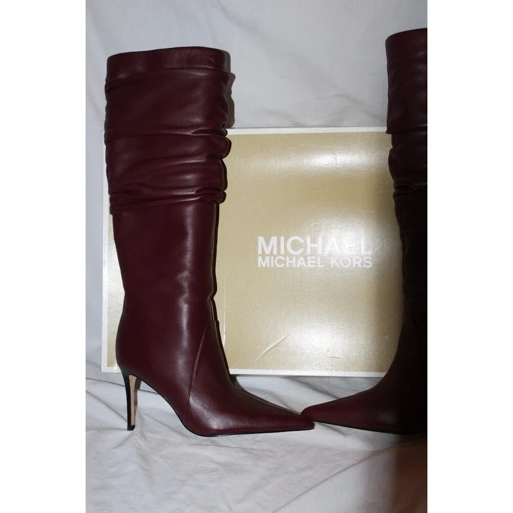 Michael Kors Dawn Tall Ruched Leather Heeled Boots Oxblood NEW $300 SZ 7 M